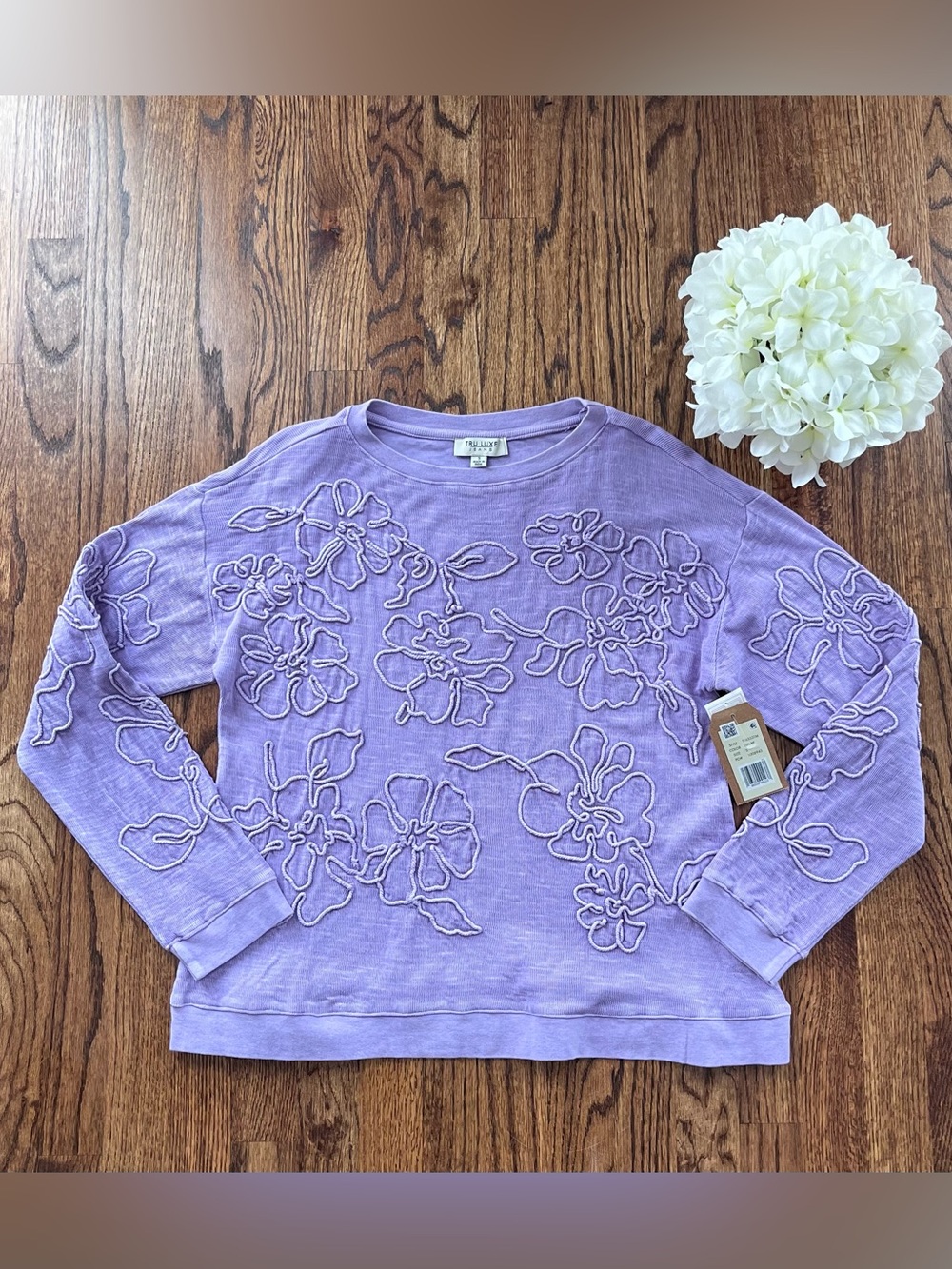 Tru Luxe Jeans Lavender Long Sleeve Top with Floral Appliqué